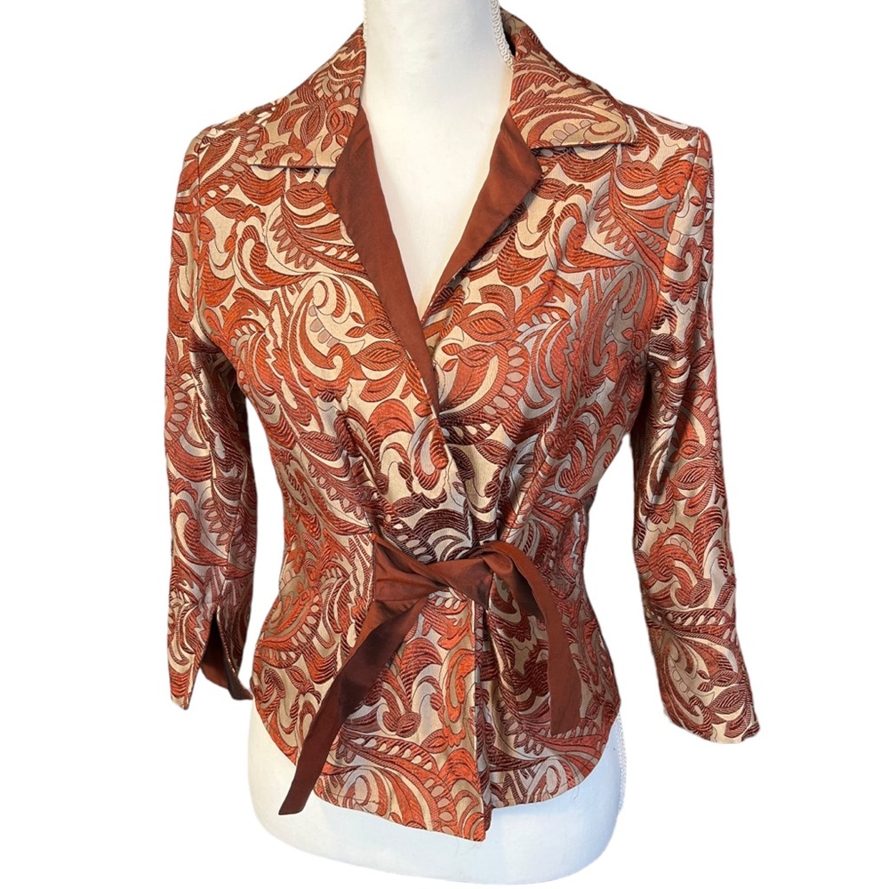 VTG Gigi Clark Modern  orange gold Brocade Silk Rayon Fitted Jacket small